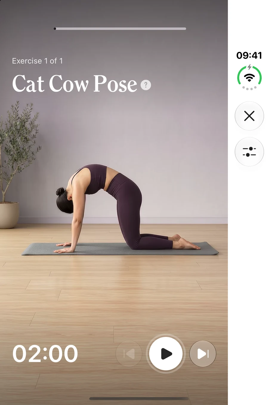 Pilat compact guided session with Cat Cow Pose and playback controls