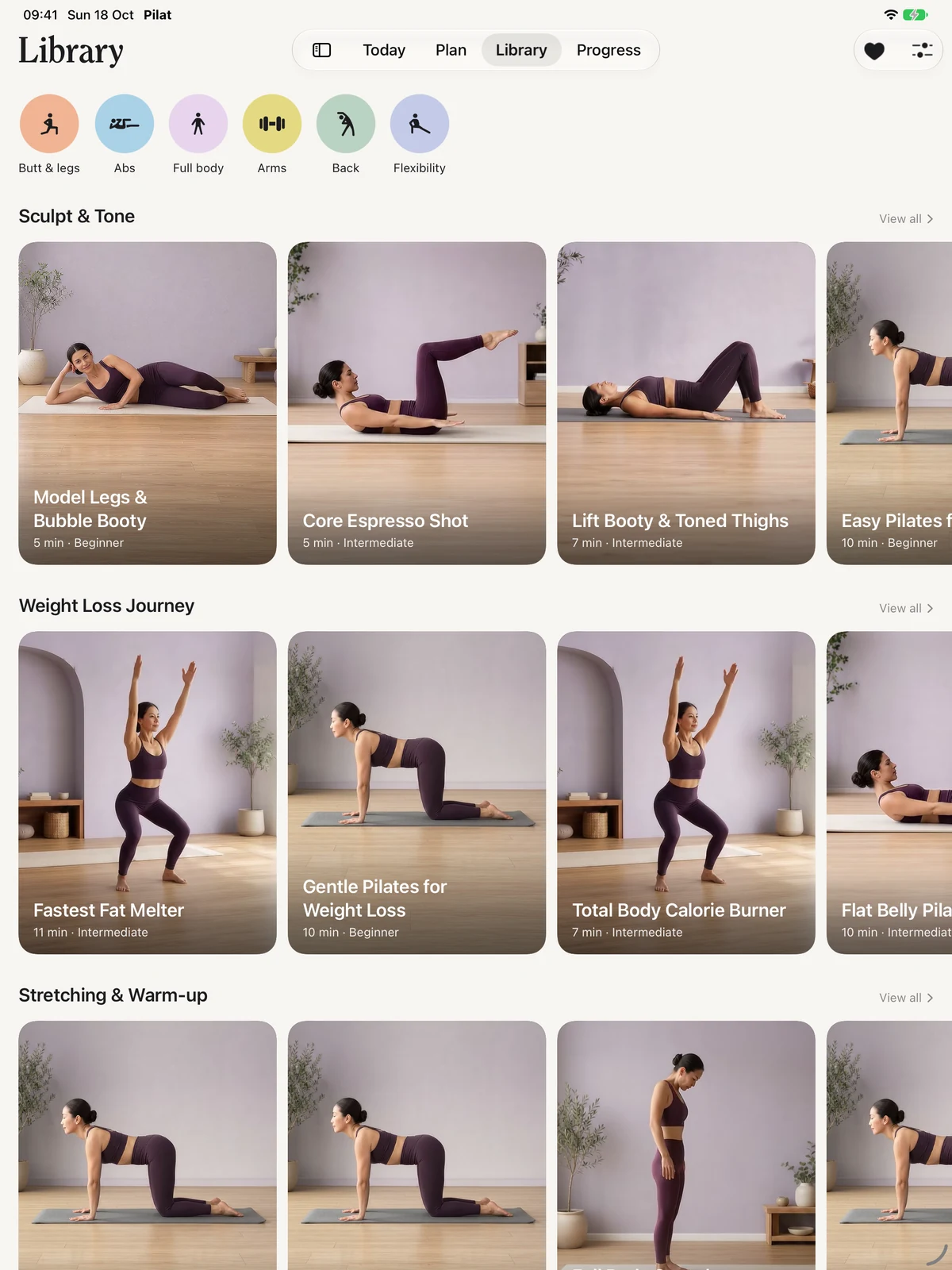 Pilat iPad library with body-focus filters, mat and wall Pilates workouts