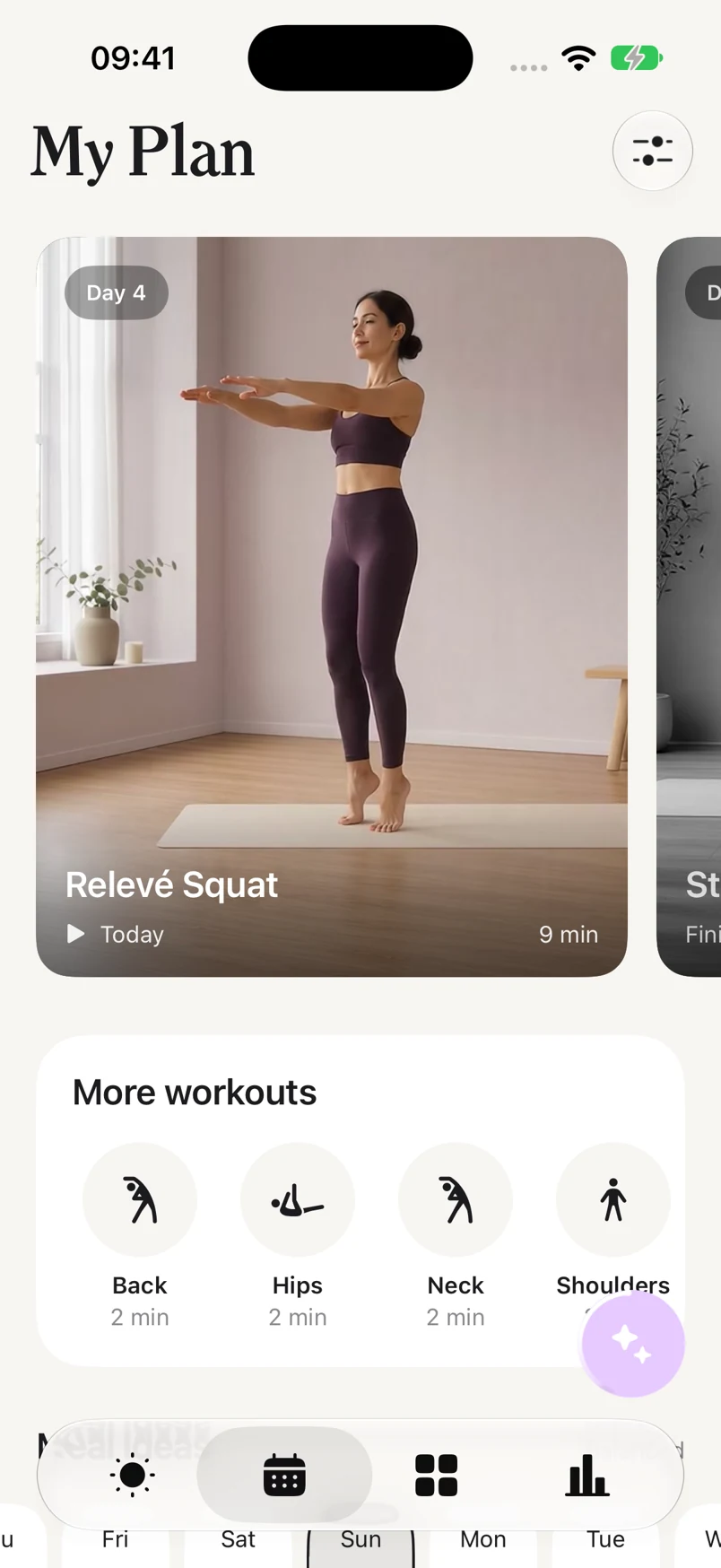 Pilat personal plan with today's workout and short sessions