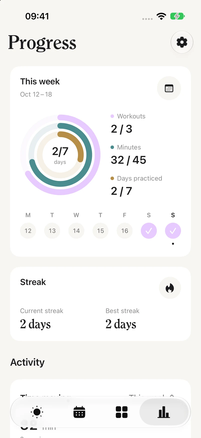 Pilat progress overview with weekly activity rings, minutes and streaks